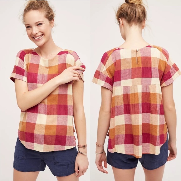 NWT Anthropologie Isabella Sinclair Posey Plaid Top Pink Rose Medium - Picture 1 of 8